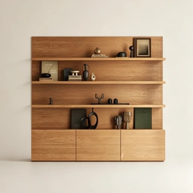 Mid-Century Modern Oak Wood Wall Shelving Unit with Cabinet 3d model