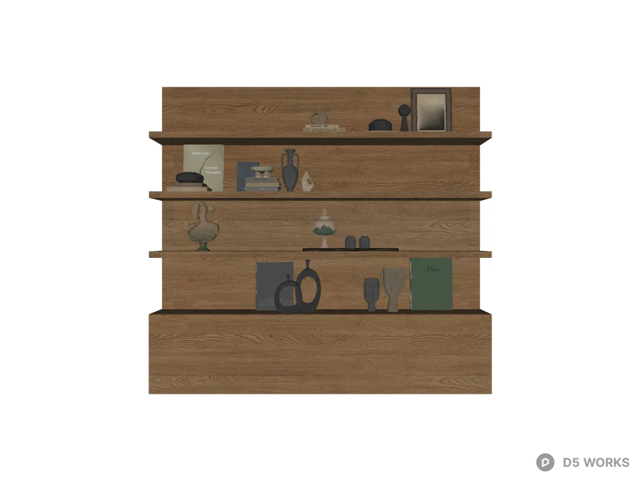 Mid-Century Modern Oak Wood Wall Shelving Unit with Cabinet 3d model thumbnail 2