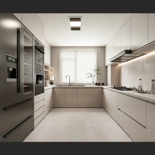 Modern Minimalist Galley Kitchen Interior Scene 3d model