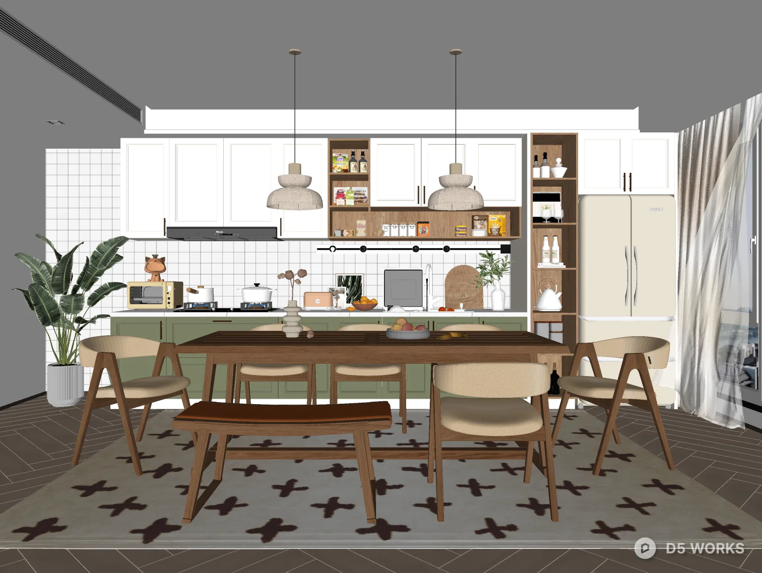 Free Modern Minimalist Dining Room With Wooden Table And Patterned Rug ...