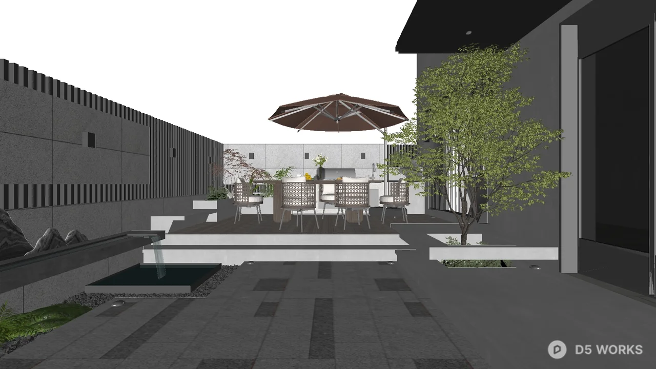 Free Modern Courtyard With Umbrella And Seating 3D Model .skp