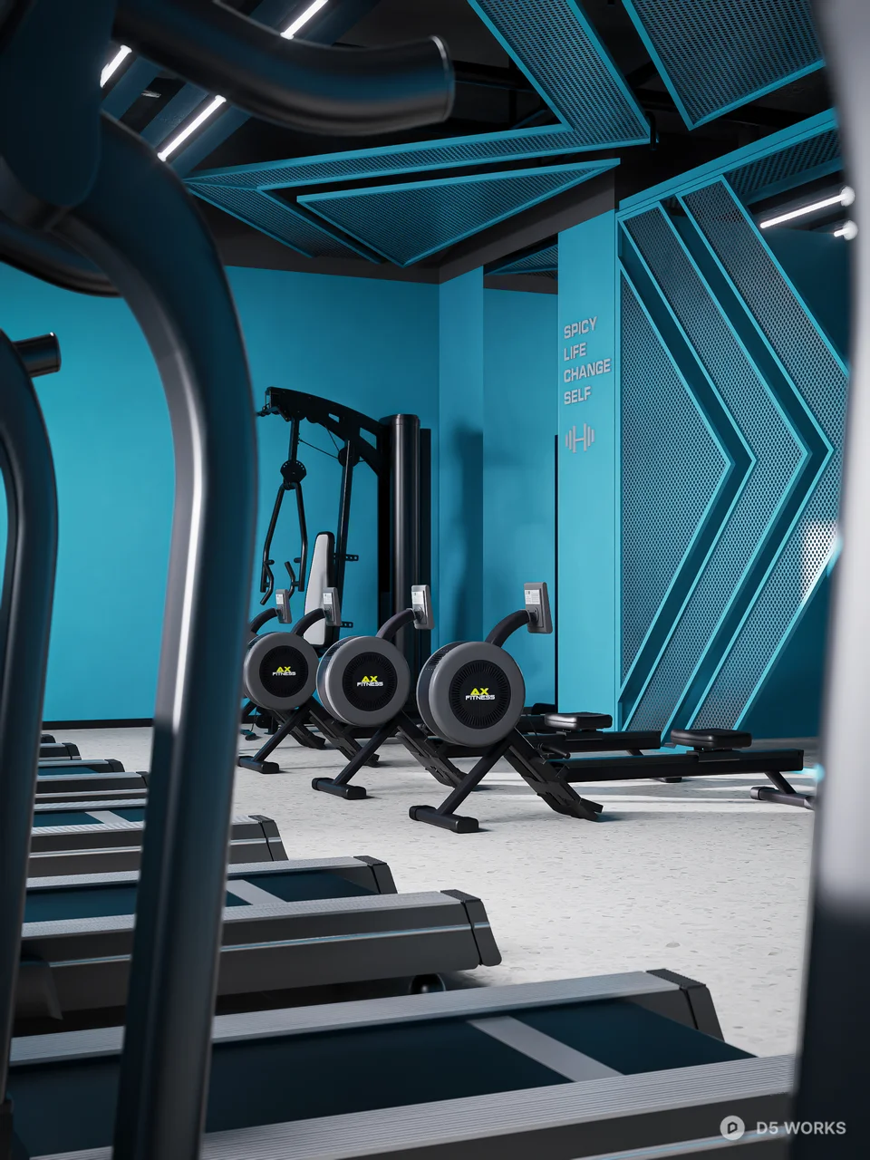 Modern Fitness Gym With Blue Accent Walls 3d model thumbnail 4