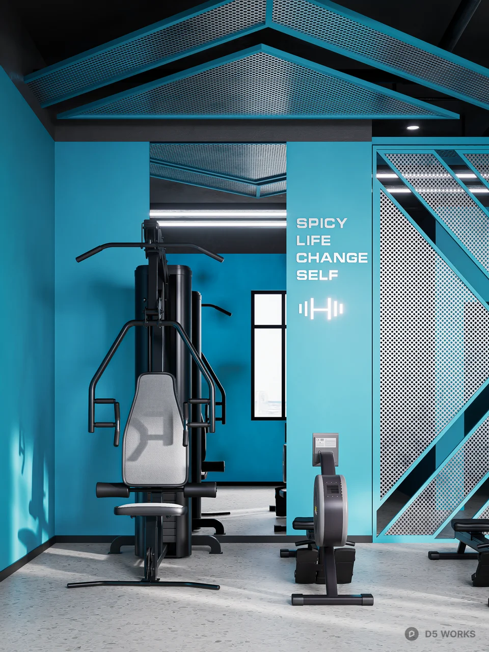 Modern Fitness Gym With Blue Accent Walls 3d model thumbnail 2
