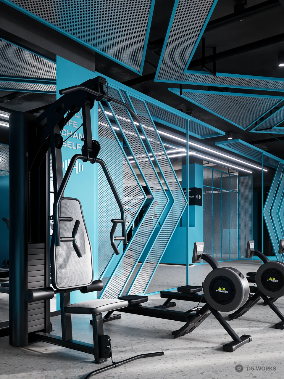 Modern Fitness Gym With Blue Accent Walls 3d model thumbnail 5