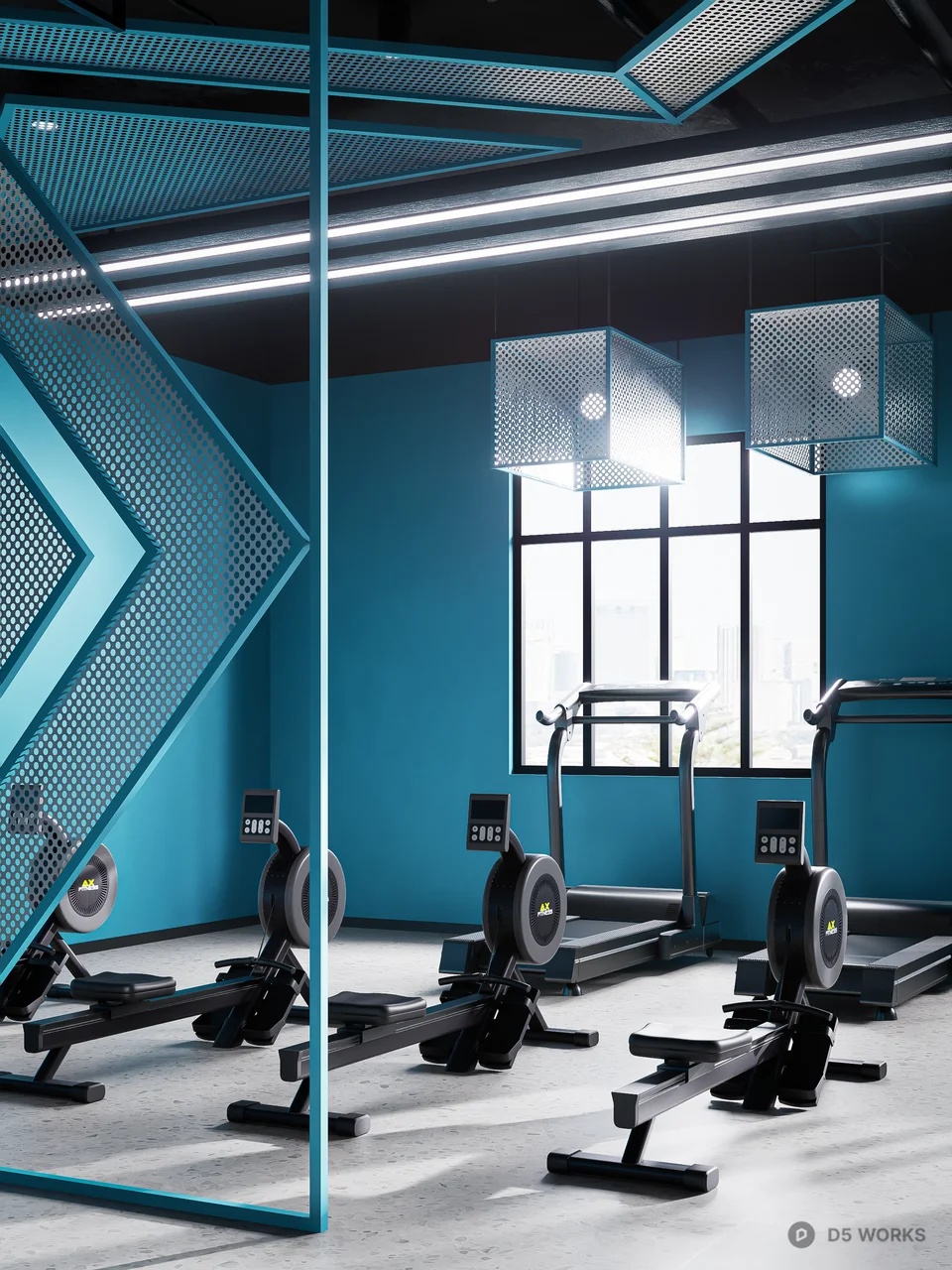 Modern Fitness Gym With Blue Accent Walls 3d model thumbnail 3