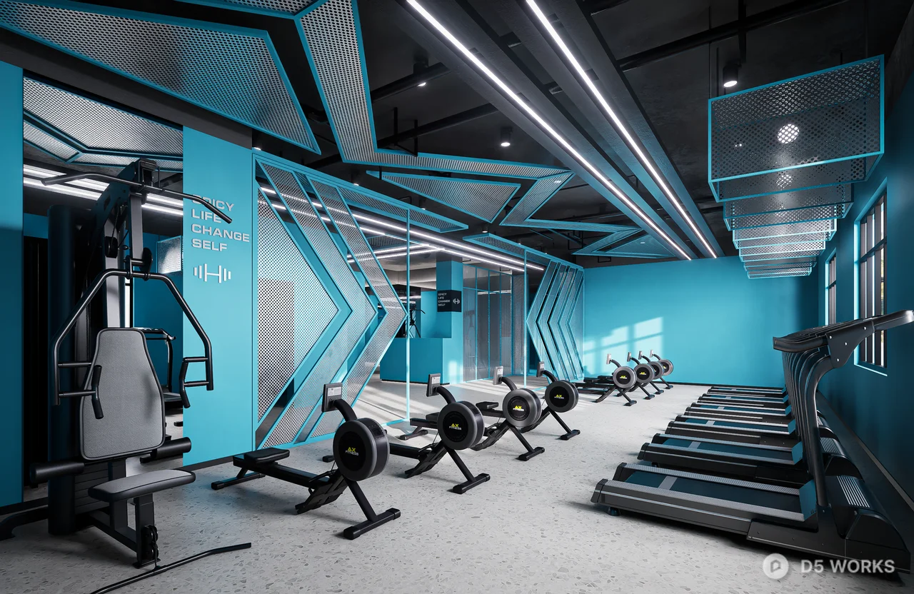 Modern Fitness Gym With Blue Accent Walls 3d model - Image 1