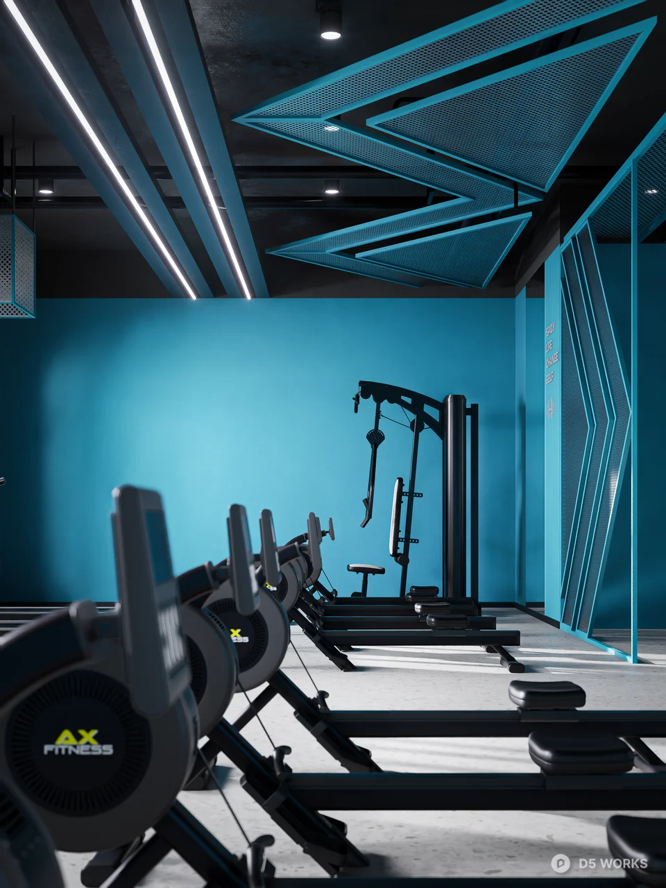 Modern Fitness Gym With Blue Accent Walls 3d model thumbnail 6