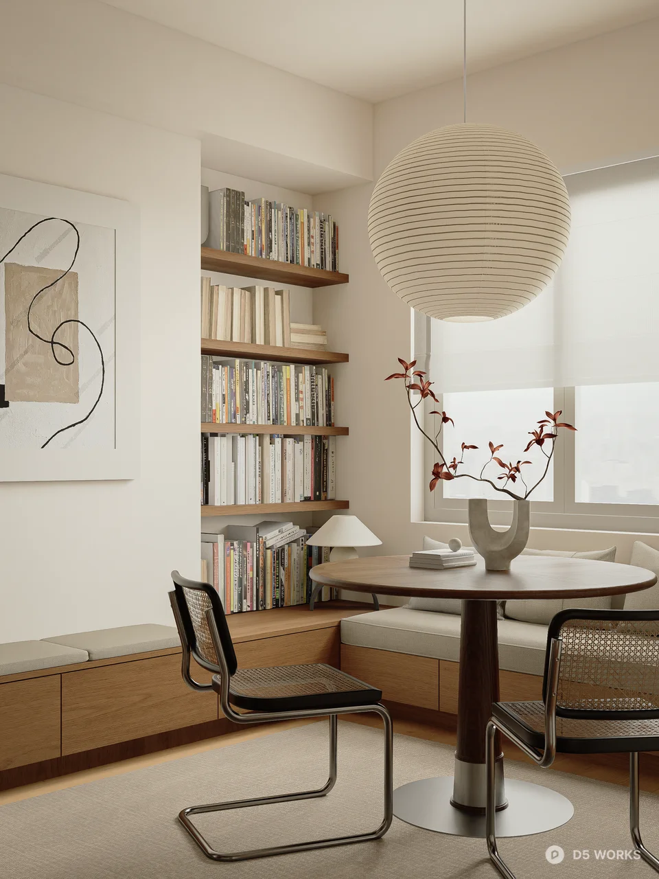 Mid Century Modern Study Room with Bookshelves 3d model thumbnail 3