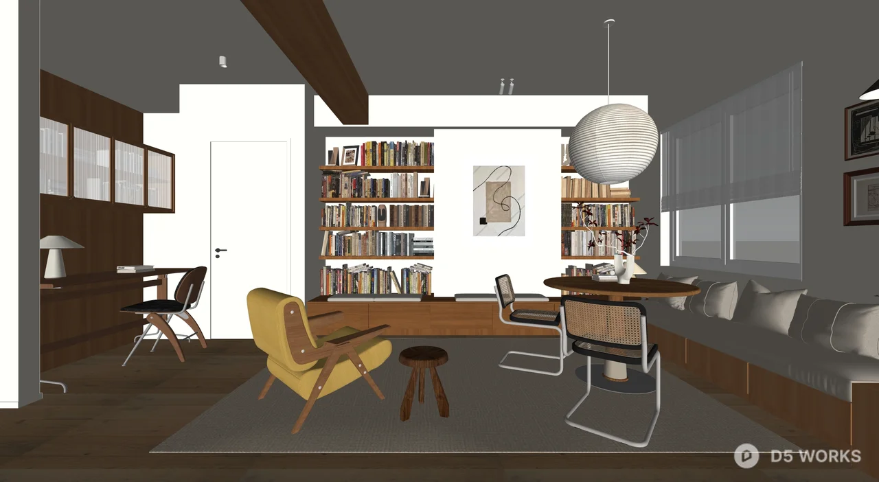Mid Century Modern Study Room with Bookshelves 3d model thumbnail 9