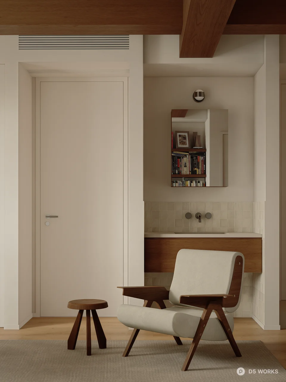 Mid Century Modern Study Room with Bookshelves 3d model thumbnail 5
