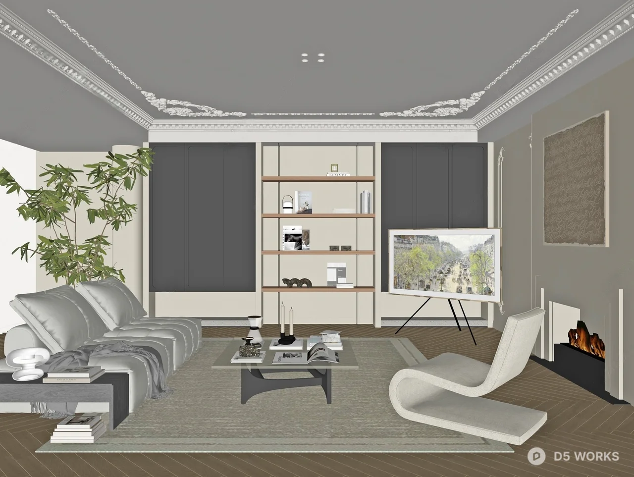 Modern Minimalist Living Room with Sculptural Chair 3d model thumbnail 2