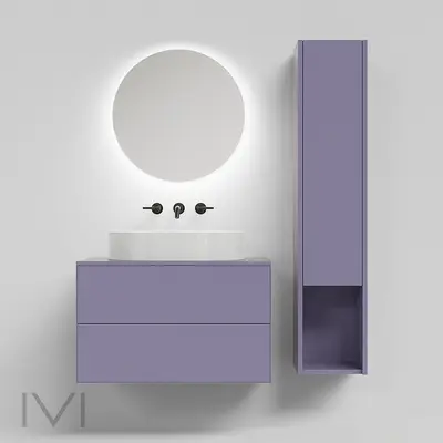 Minimalist Purple Bathroom Cabinet With Round Mirror 3d model