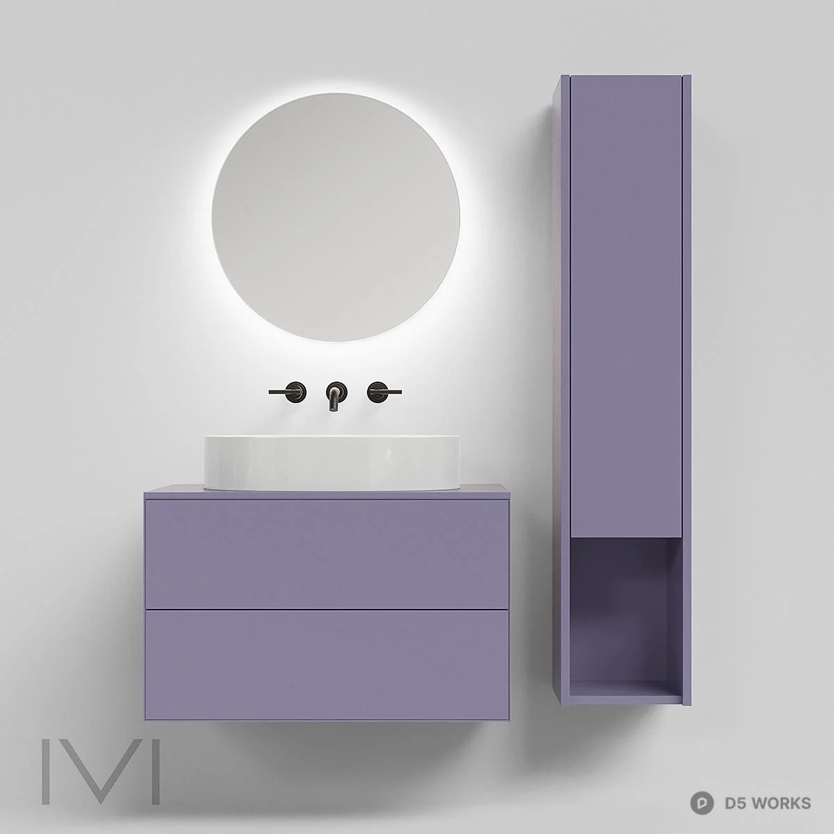 Minimalist Purple Bathroom Cabinet With Round Mirror 3d model - Image 1