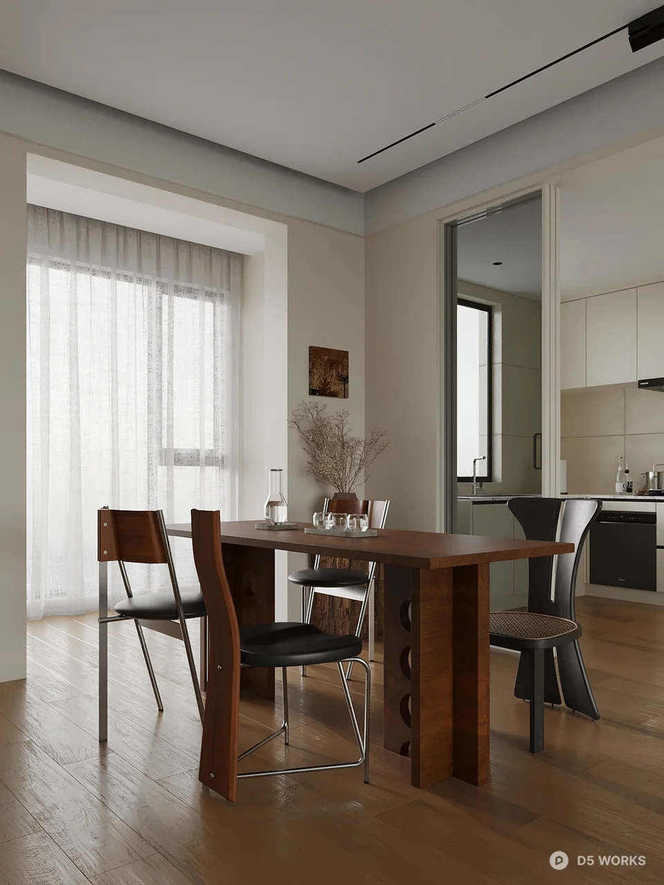 Minimalist Dining Room With Wooden Table And Modern Chairs 3d model - Image 1