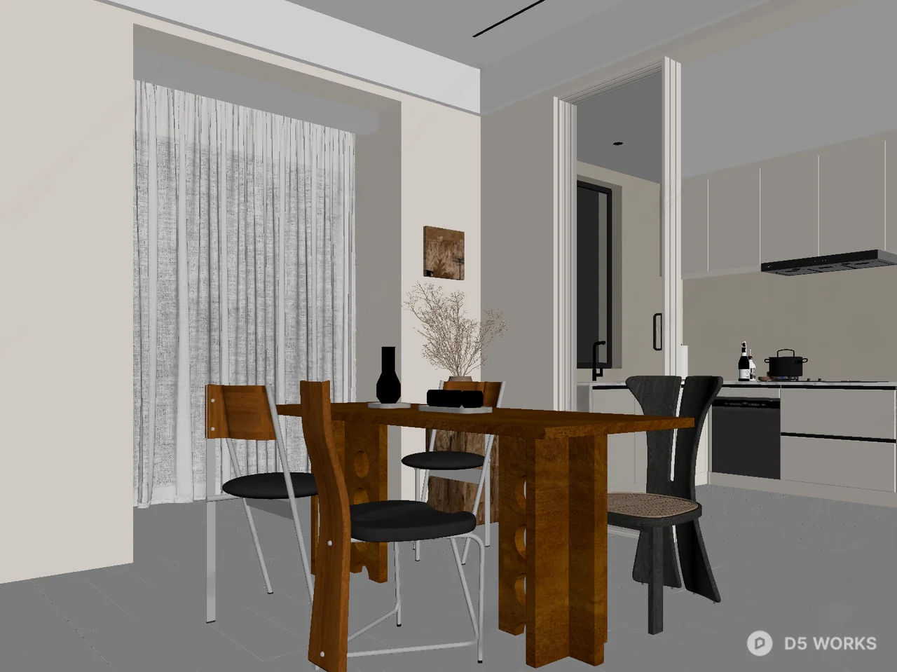 Minimalist Dining Room With Wooden Table And Modern Chairs 3d model thumbnail 2