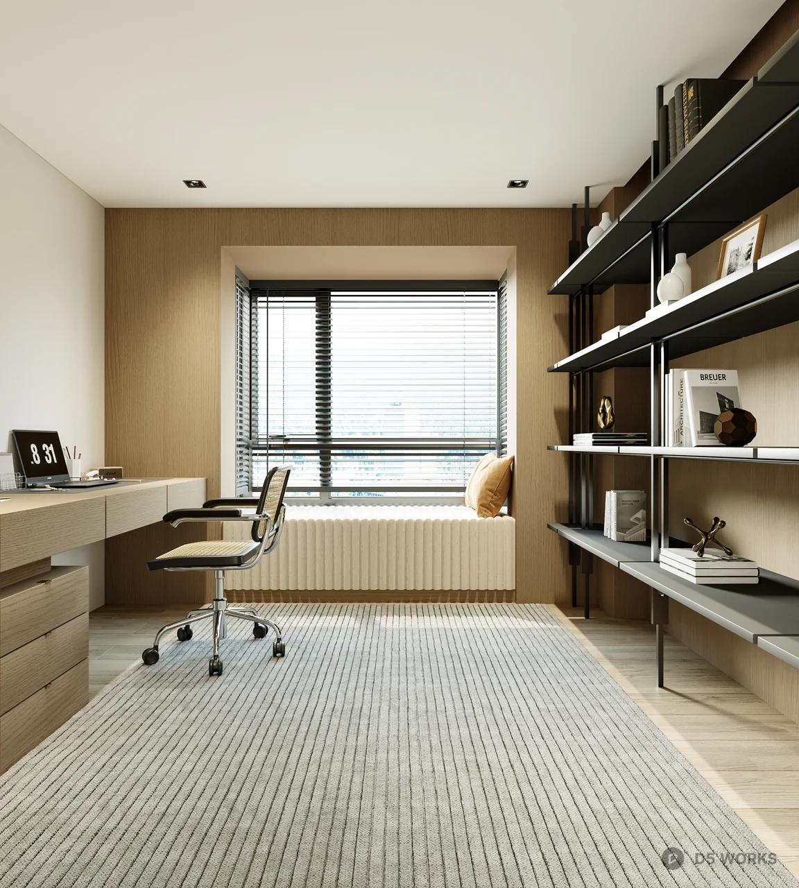 Minimalist Home Study With Floating Shelves And Desk 3d model - Image 1