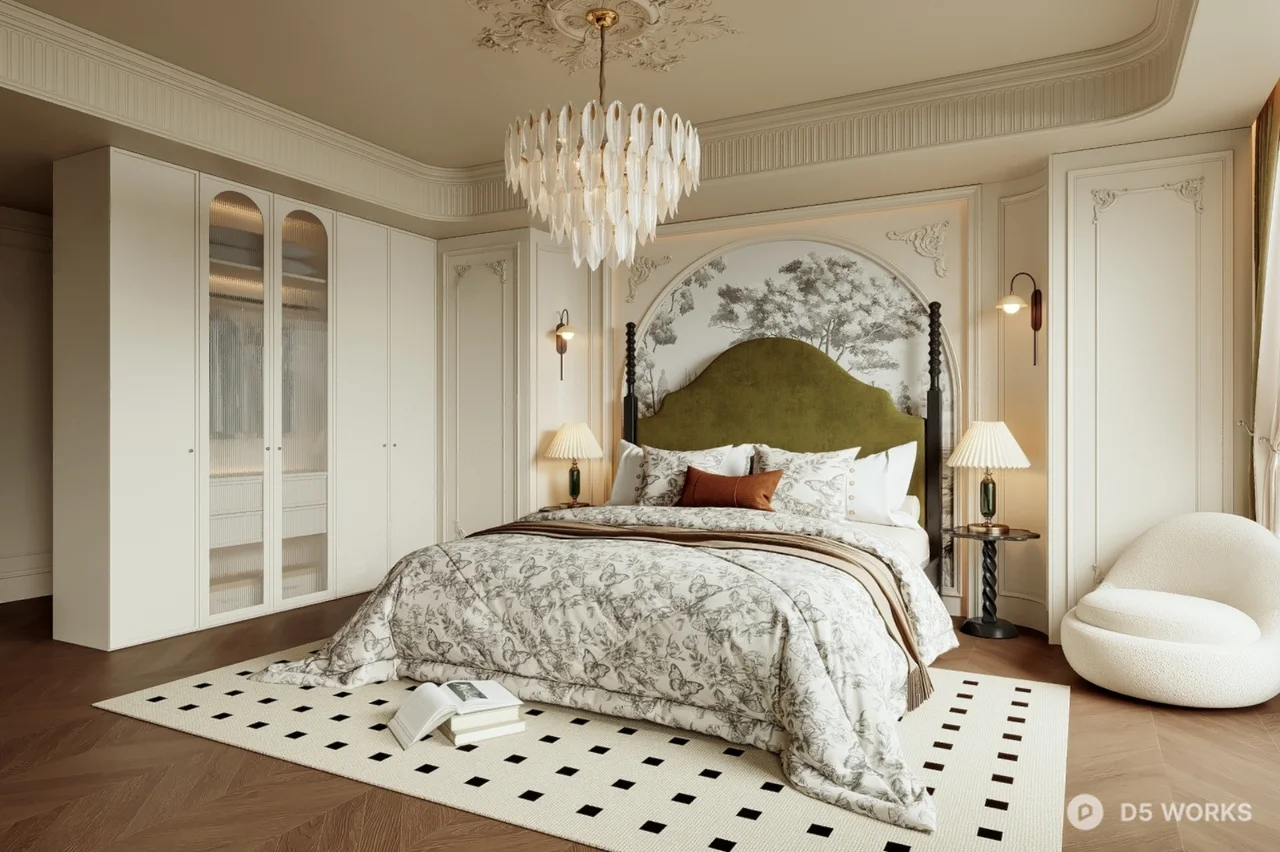 Elegant Home Bedroom with Chandelier and Patterned Rug 3d model - Image 1