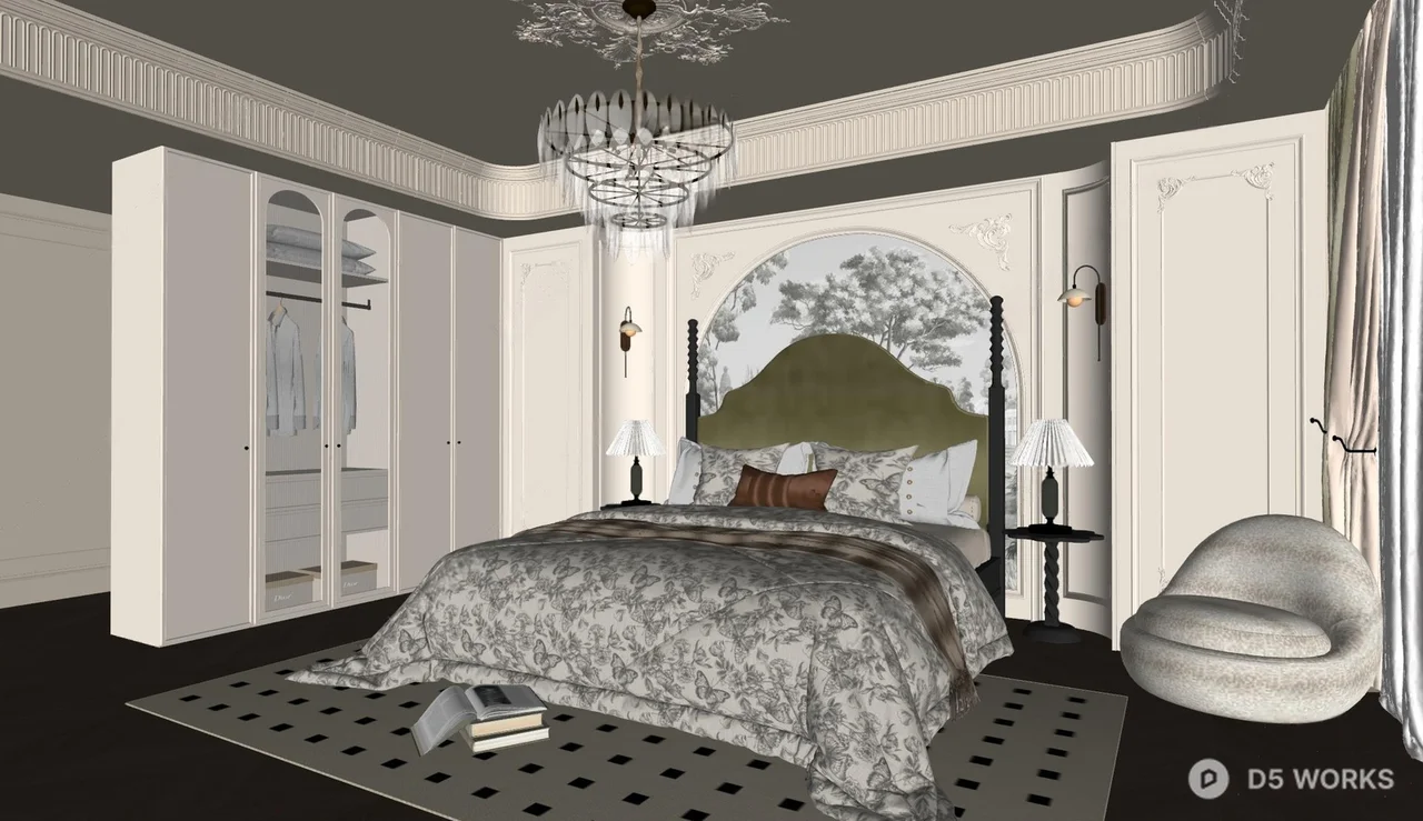 Elegant Home Bedroom with Chandelier and Patterned Rug 3d model thumbnail 2