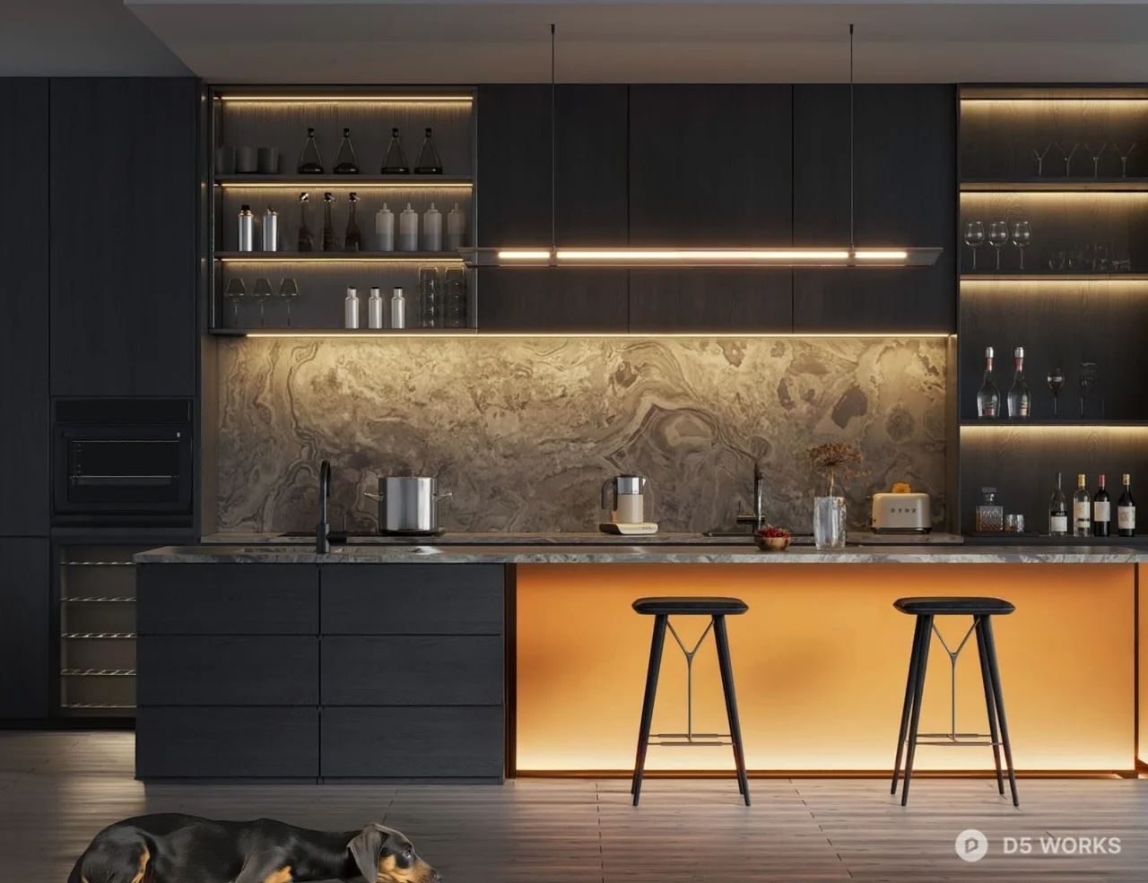 Modern Open Kitchen With Backlit Stone Backsplash 3d model - Image 1