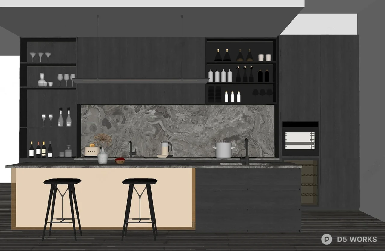 Modern Open Kitchen With Backlit Stone Backsplash 3d model thumbnail 2