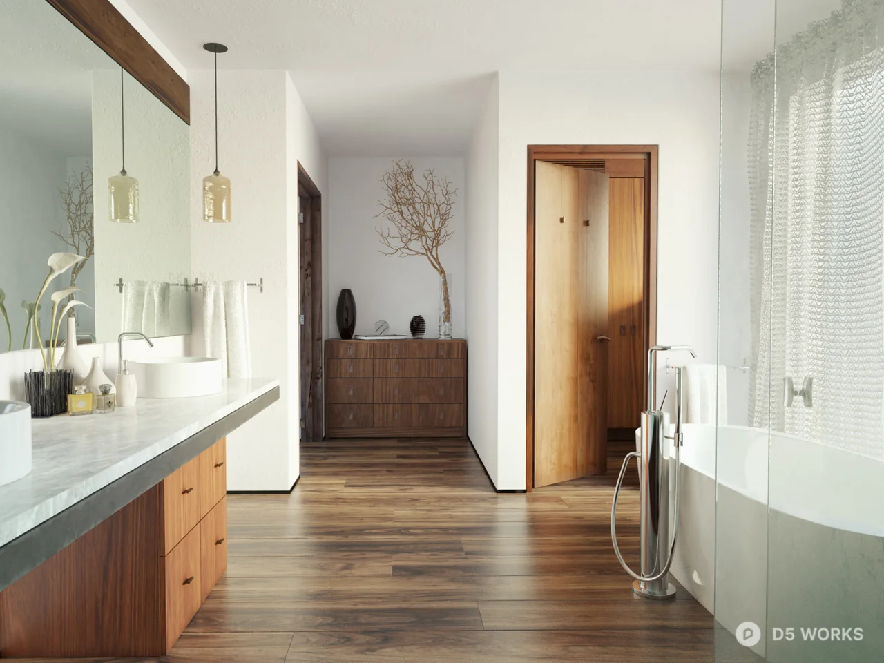 Minimalist Bathroom With Wooden Cabinet And Soaking Tub 3d model - Image 1