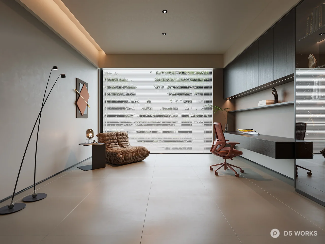 Minimalist Home Study With Floor Lamp And Leather Chair 3d model - Image 1