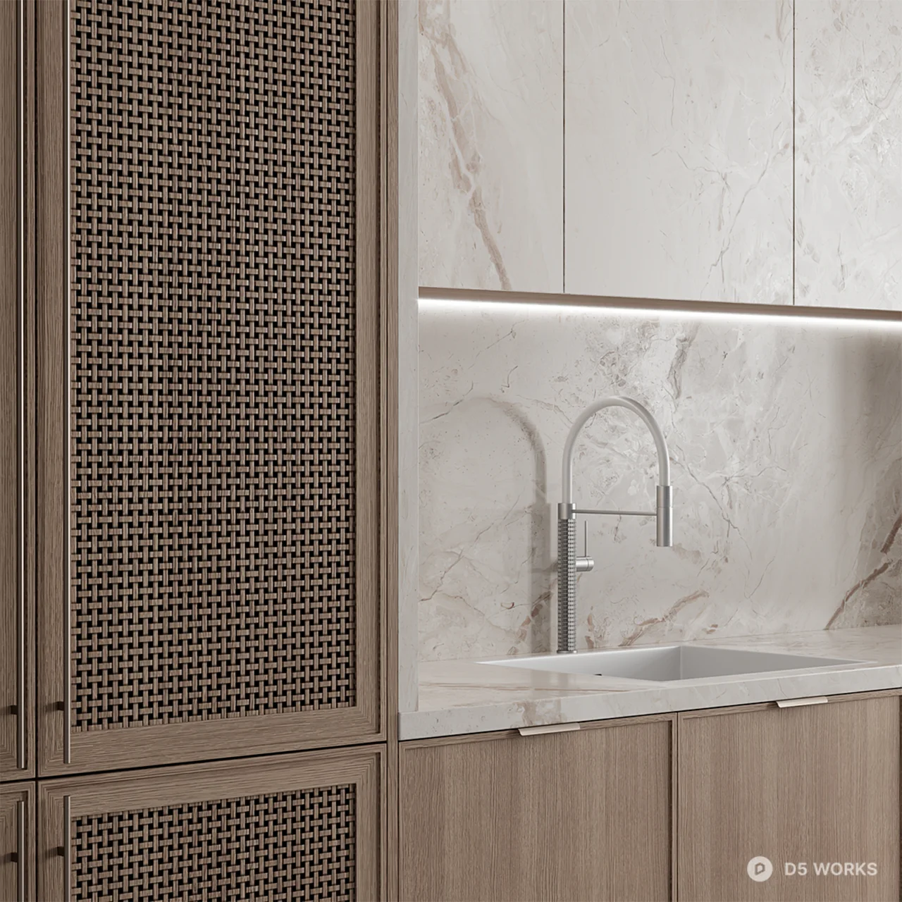 Minimalist Open Kitchen With Marble Island And Wood Cabinetry 3d model thumbnail 3