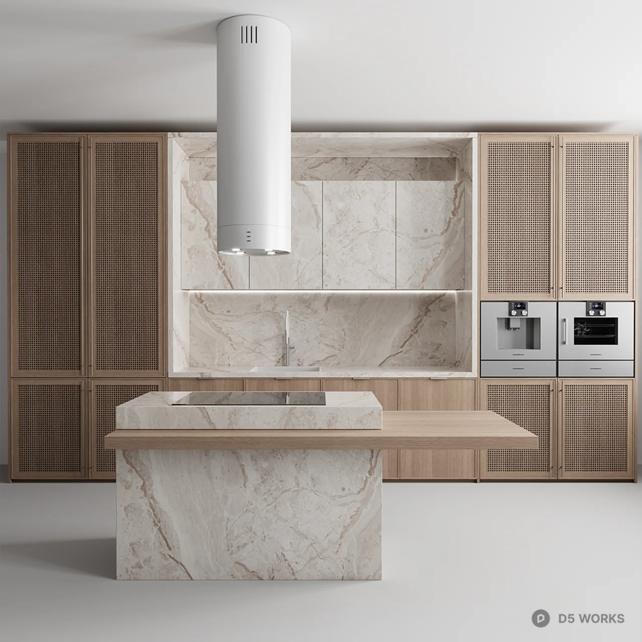 Minimalist Open Kitchen With Marble Island And Wood Cabinetry 3d model - Image 1