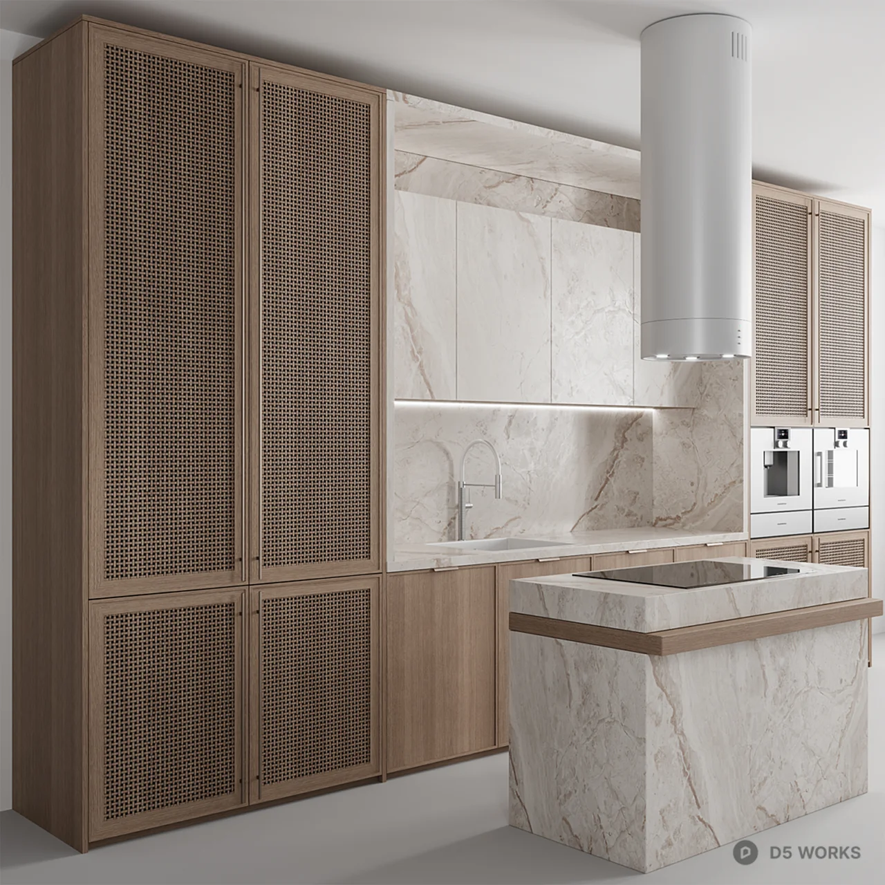 Minimalist Open Kitchen With Marble Island And Wood Cabinetry 3d model thumbnail 2