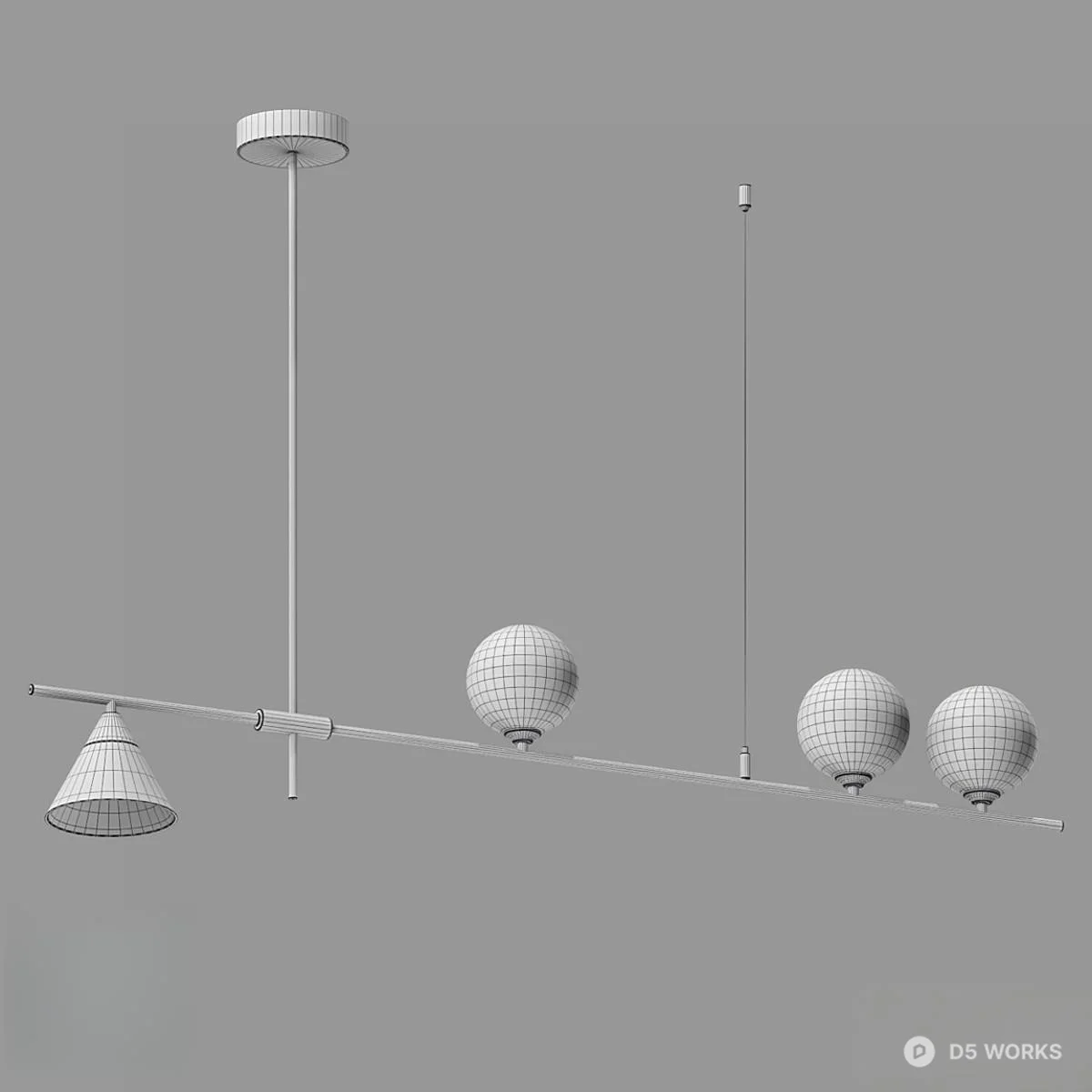 Linear Brass Pendant With Glass Globes 3d model thumbnail 2