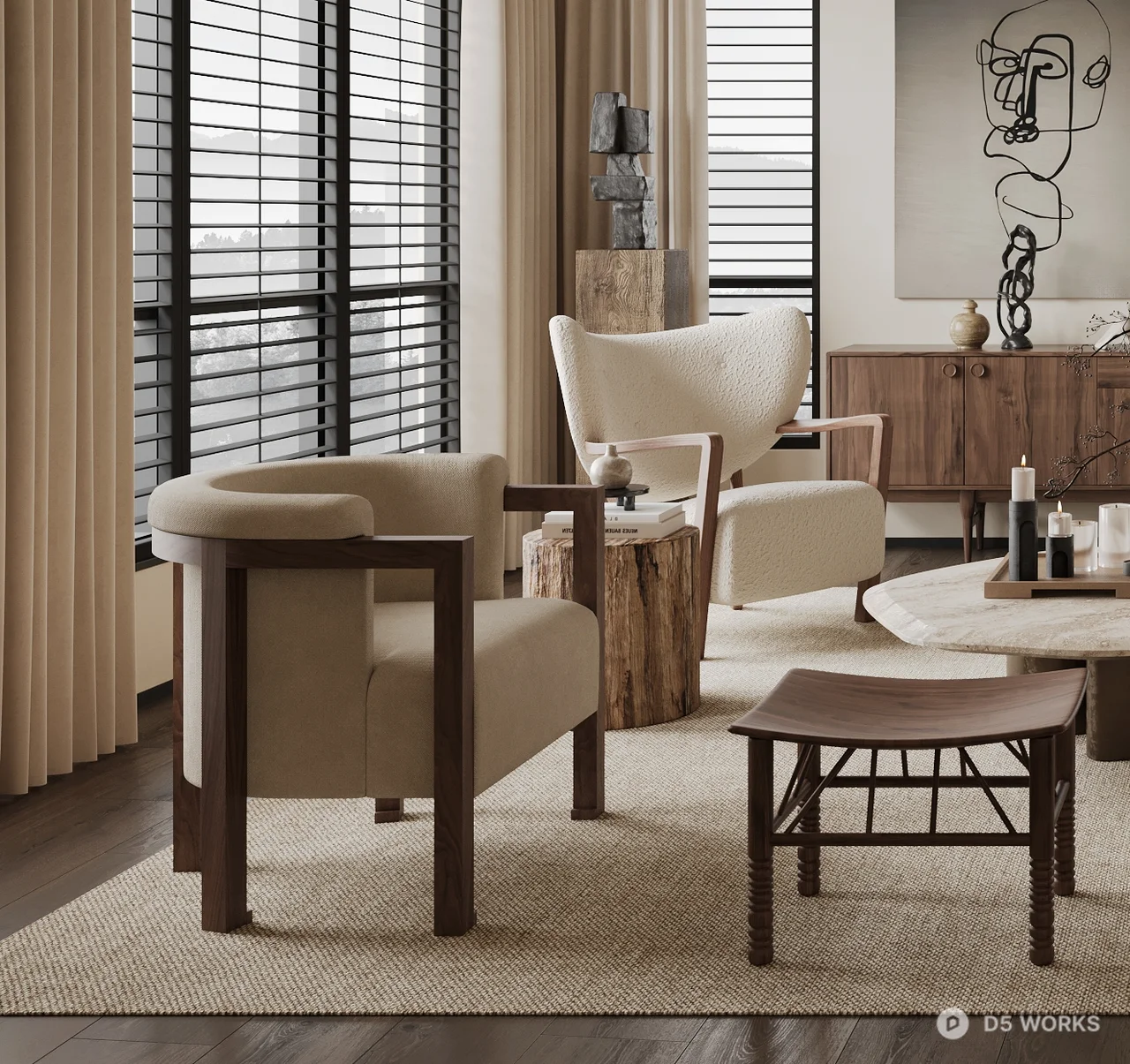 Modern Minimalist Living Room with Artistic Wall Decor 3d model thumbnail 2
