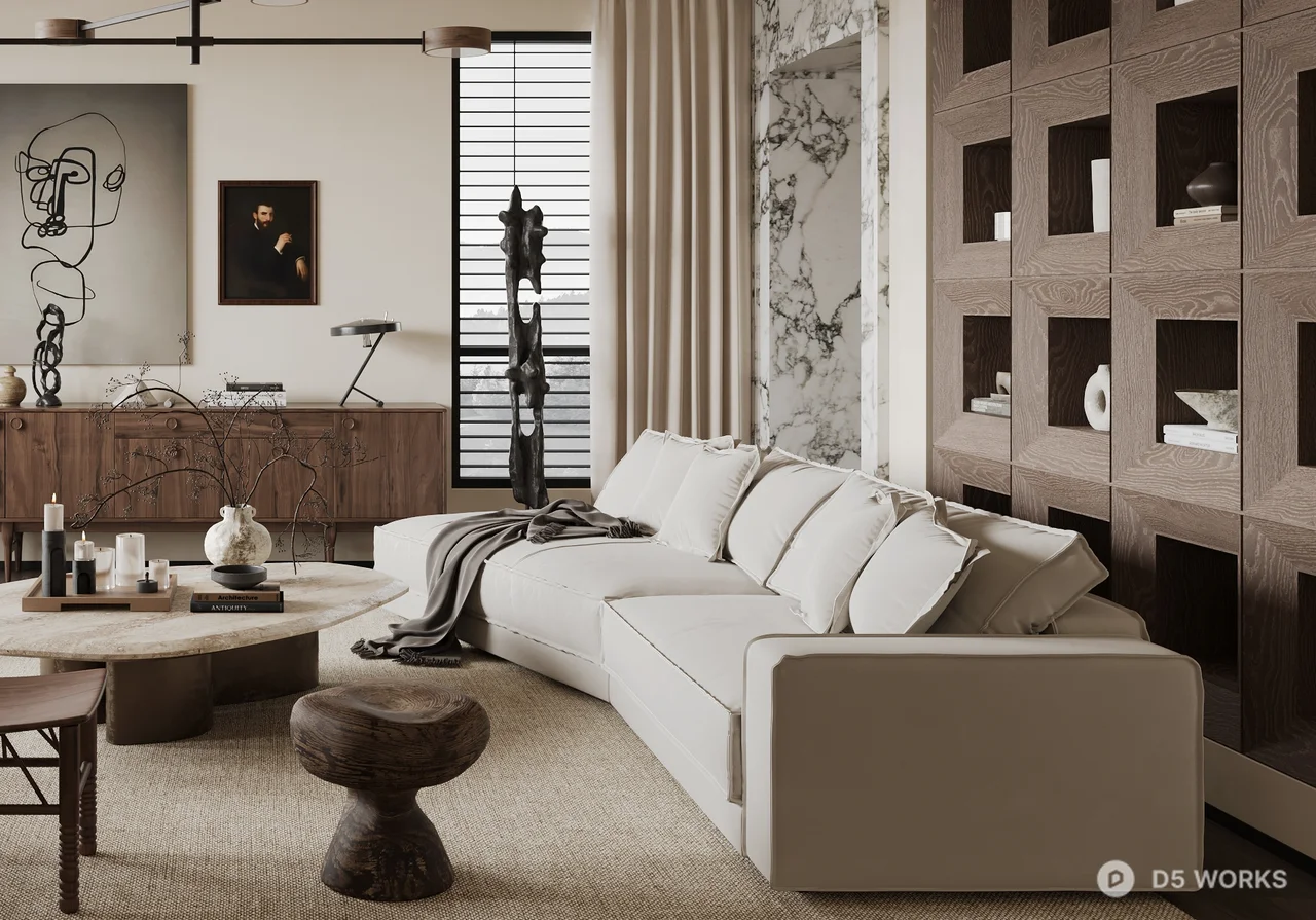 Modern Minimalist Living Room with Artistic Wall Decor 3d model thumbnail 3