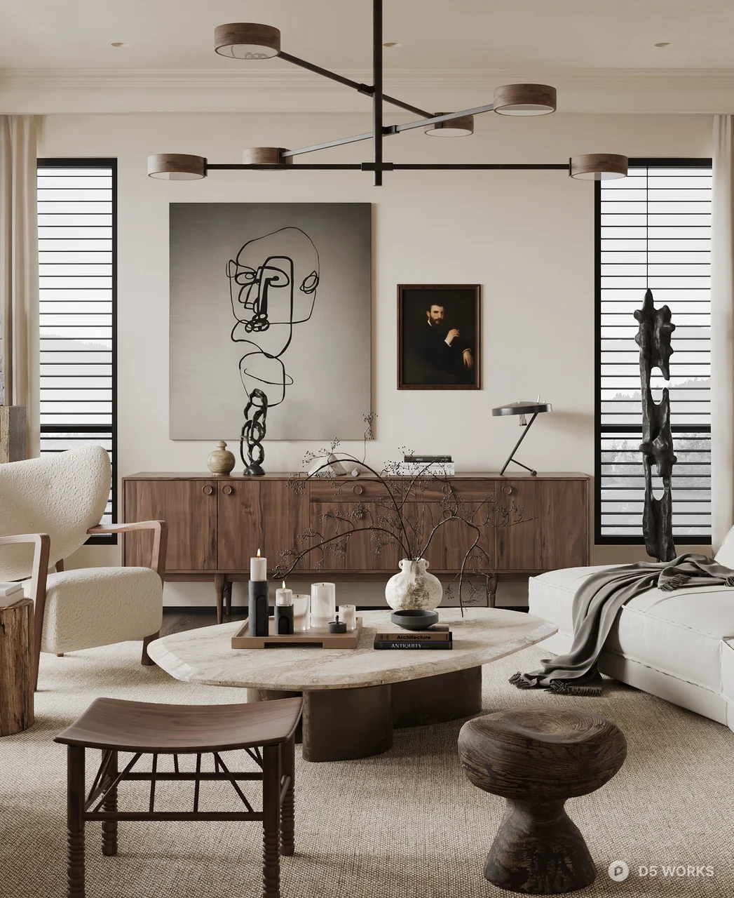 Modern Minimalist Living Room with Artistic Wall Decor 3d model thumbnail 4