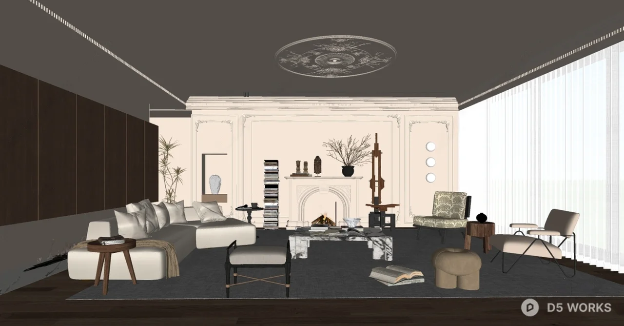 Elegant Living Room with Classic Fireplace and Minimalist Furnishings 3d model thumbnail 2