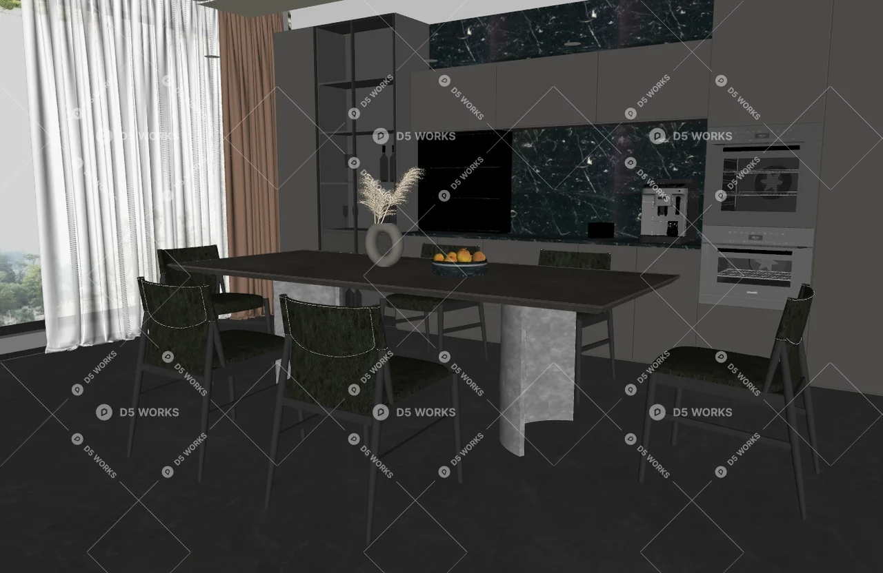 Modern Minimalist Dining Room With Stone Table And Leather Chairs 3d model thumbnail 2