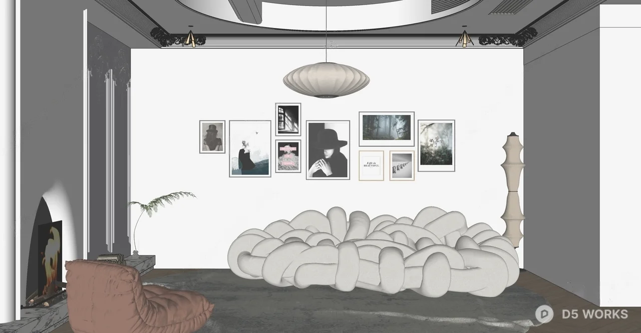 Minimalist Living Room with Cloud Sofa and Gallery Wall 3d model thumbnail 2