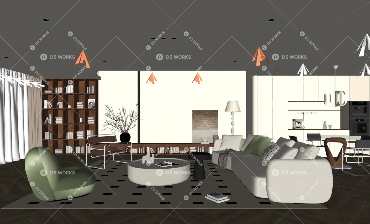 Contemporary Living & Dining Room 3d model thumbnail 2