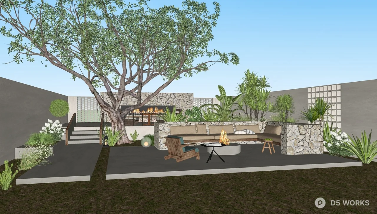 Modern Courtyard With Stone Wall And Fire Pit 3d model thumbnail 2