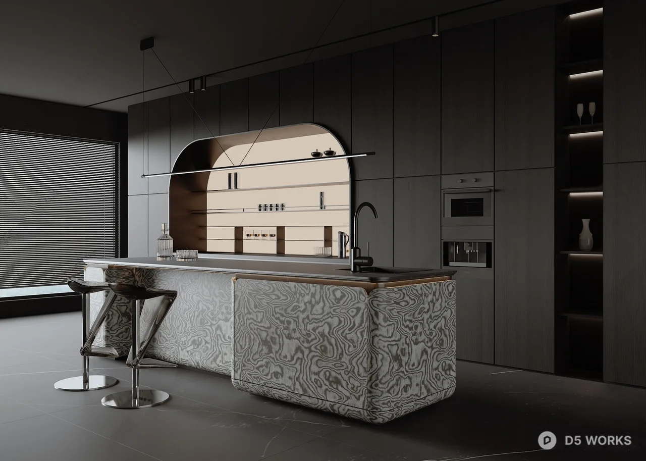 Modern Minimalist Kitchen with Stylish Island 3d model - Image 1