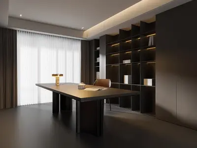 Minimalist Modern Study Room With Integrated Bookshelf 3d model