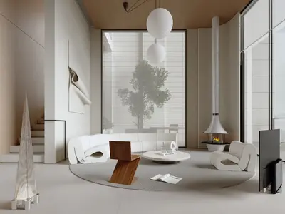 Minimalist Villa Living Room with Sculptural Furniture 3d model