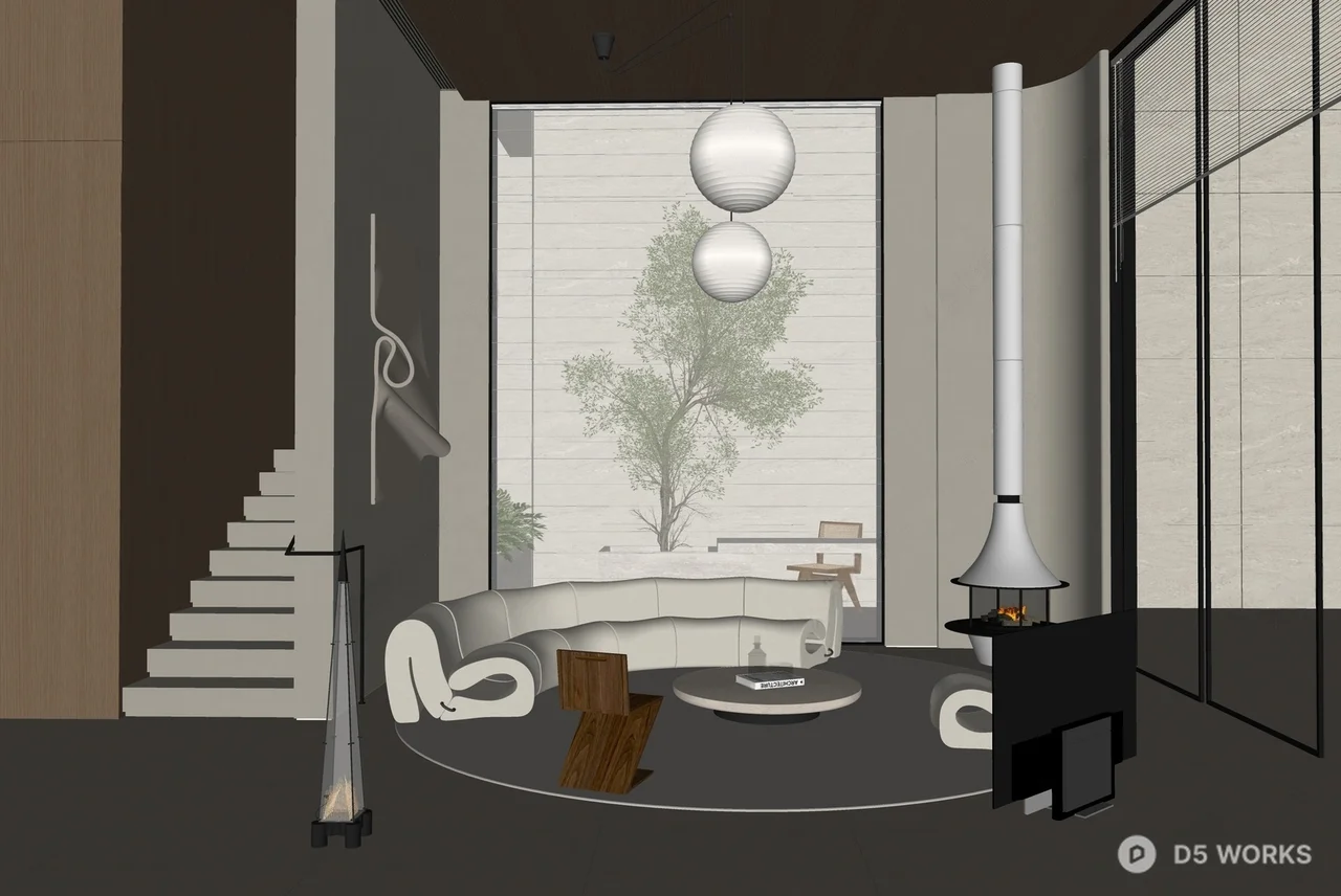 Minimalist Villa Living Room with Sculptural Furniture 3d model thumbnail 2
