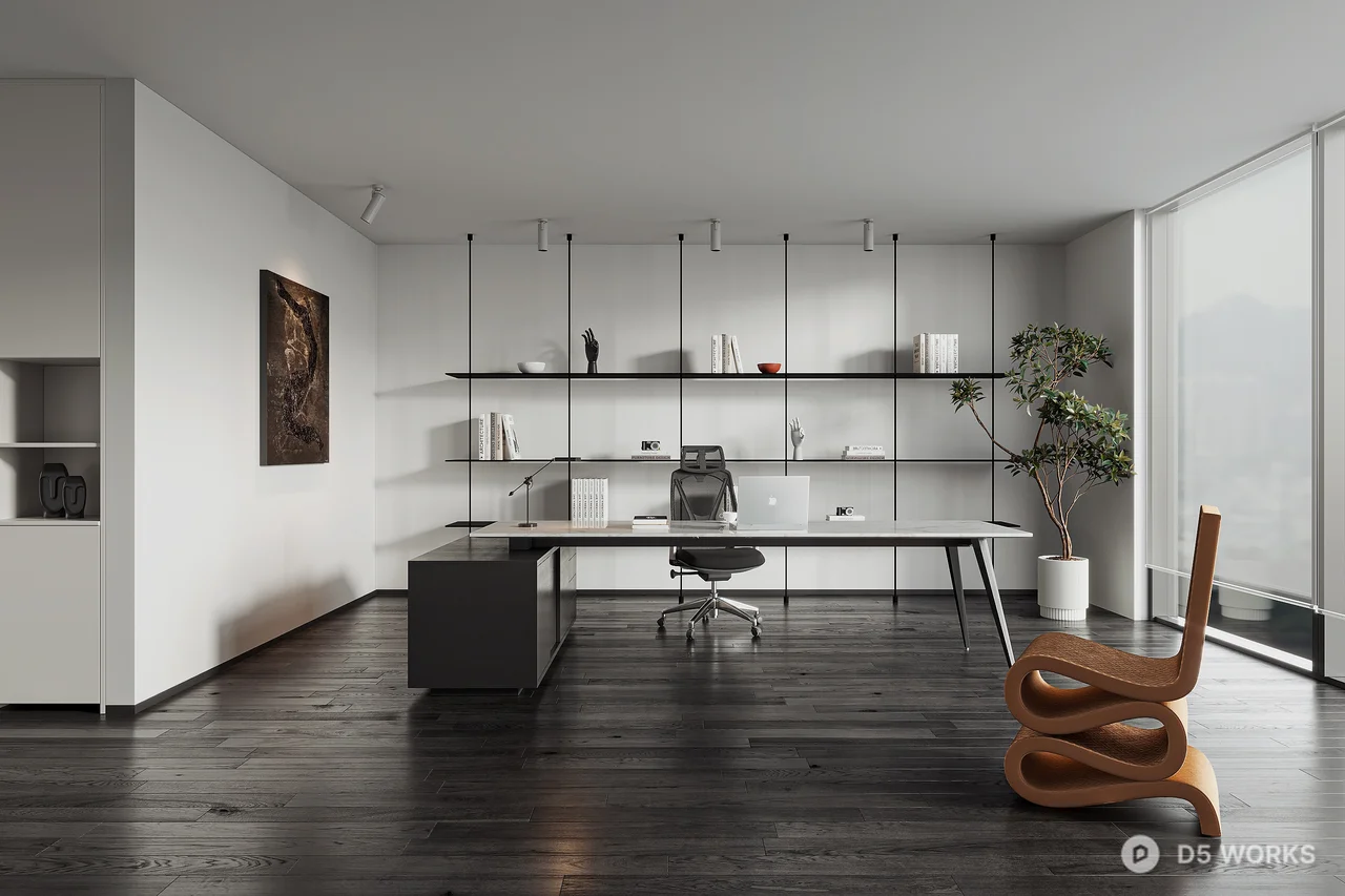 Minimalist Independent Office with Dark Wood Floor 3d model - Image 1