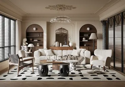 Elegant Living Room with Arched Niches and Patterned Rug 3d model