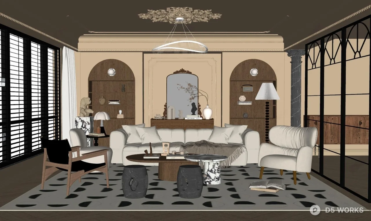 Elegant Living Room with Arched Niches and Patterned Rug 3d model thumbnail 2