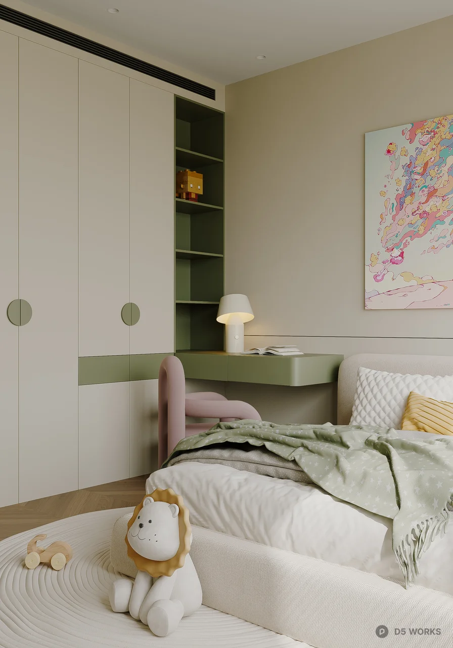 Pastel Girl Bedroom with Lion Plush and Round Rug 3d model thumbnail 2