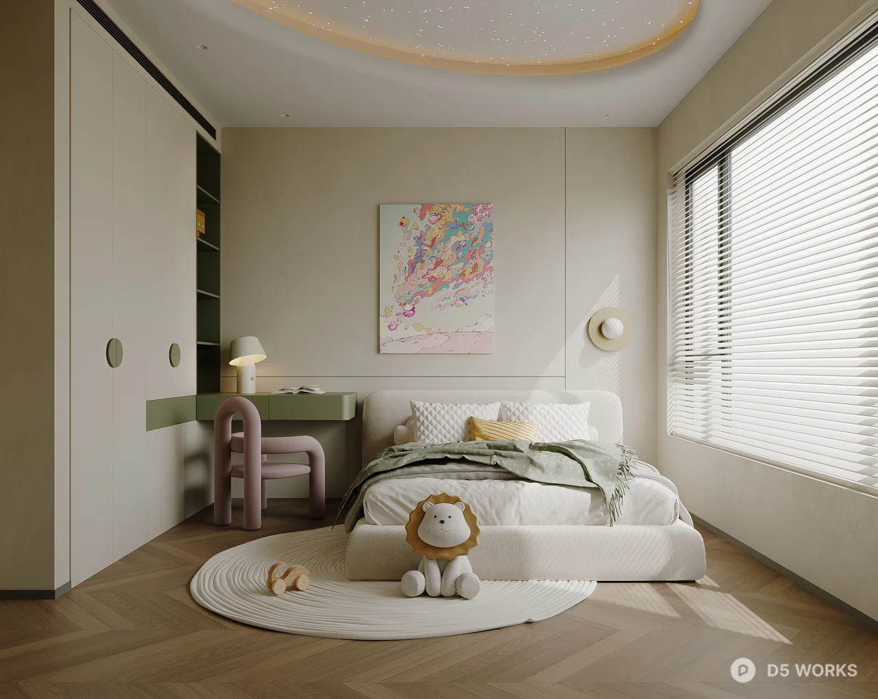 Pastel Girl Bedroom with Lion Plush and Round Rug 3d model - Image 1