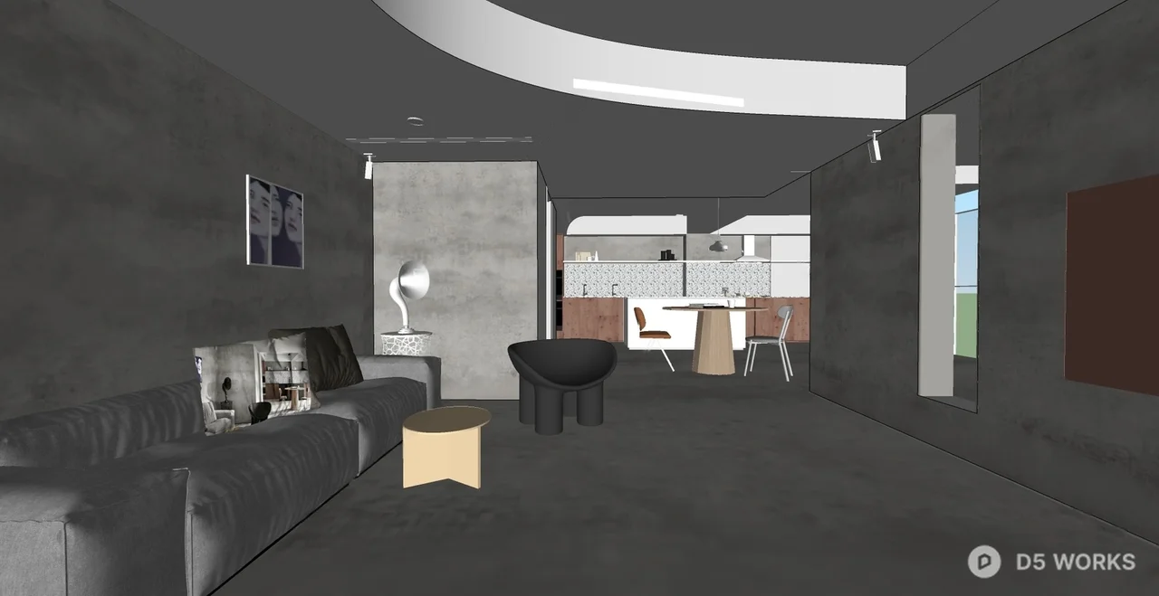 Minimalist Concrete Finish Living Dining Space 3d model thumbnail 2