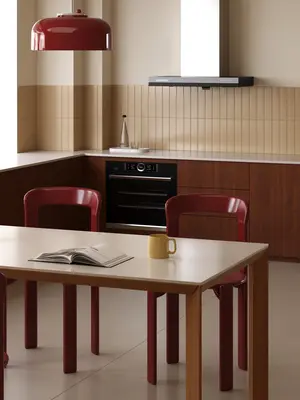 Minimalist Dining Room with Red Pendant Light 3d model