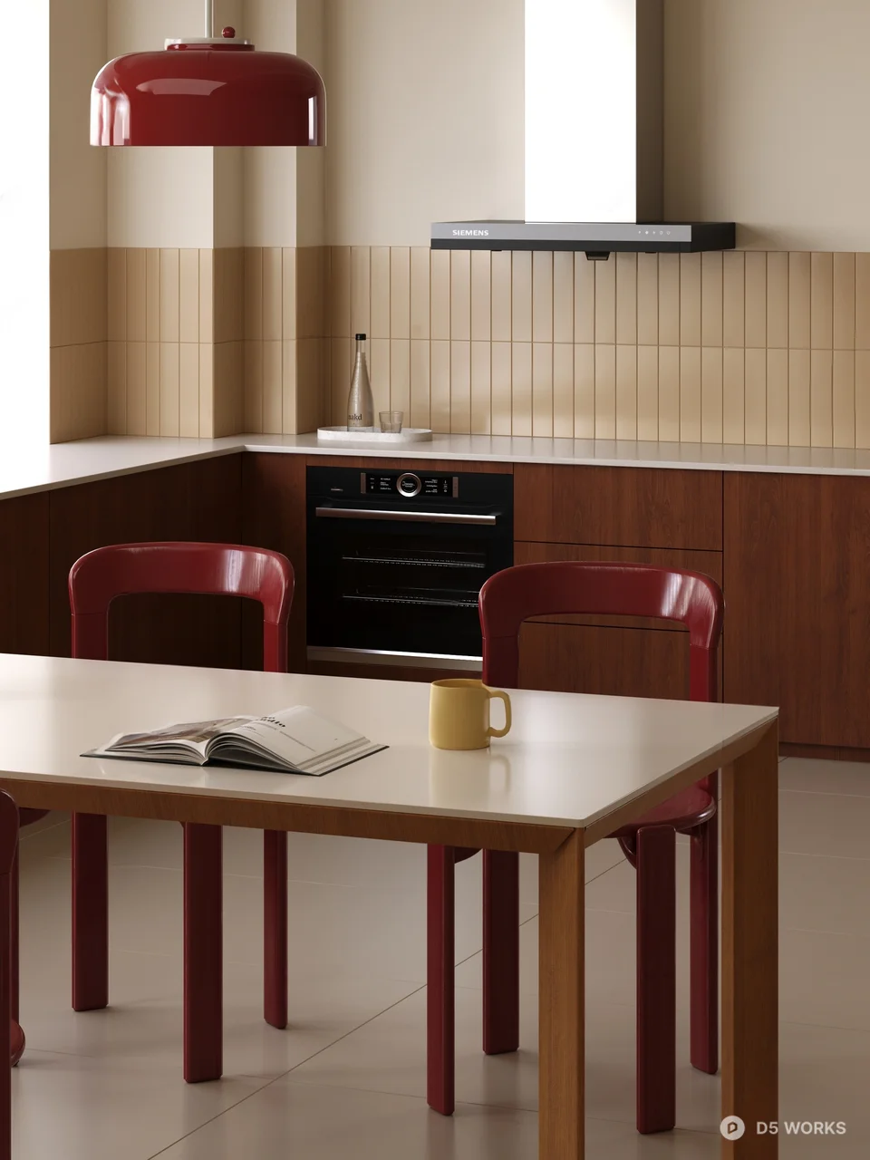 Minimalist Dining Room with Red Pendant Light 3d model - Image 1